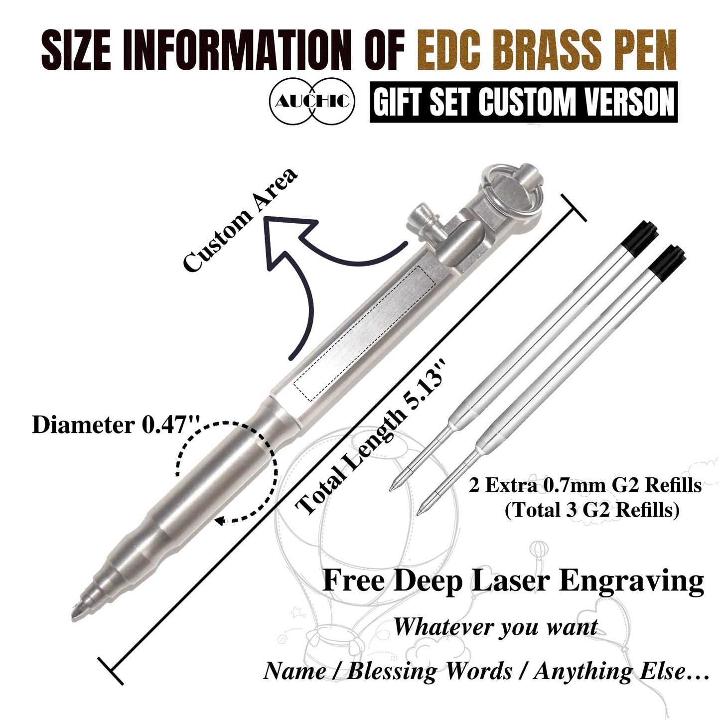 Auchic Custom Bolt Action Pen Free Engraving Custom Pocket EDC Metal Pen with 3 Refills Engravable