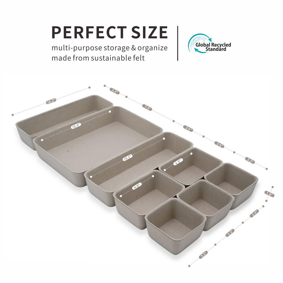 Welaxy Office Felt Desk Drawer Organizer Tray 8pc Stone Natural Storage Bin
