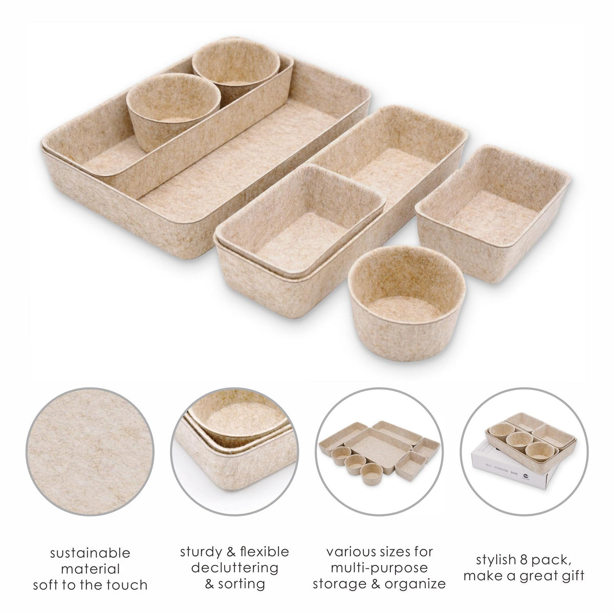 Welaxy Office Desk Drawer Organizer Tray hygge aesthetics 8 pc bin Oatmeal