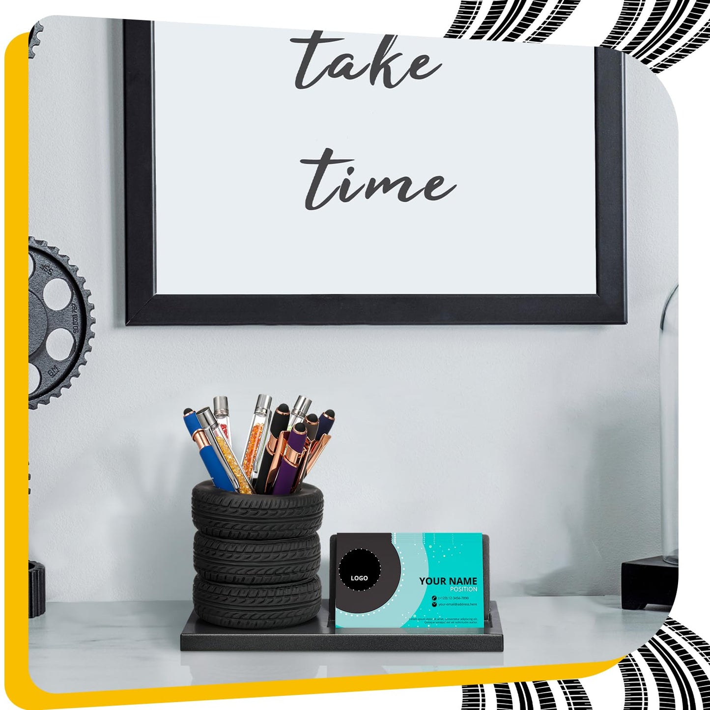 Eersida Tire Pencil Pen Holder Metal Card Holder Decor, Black, 7.5 Inch