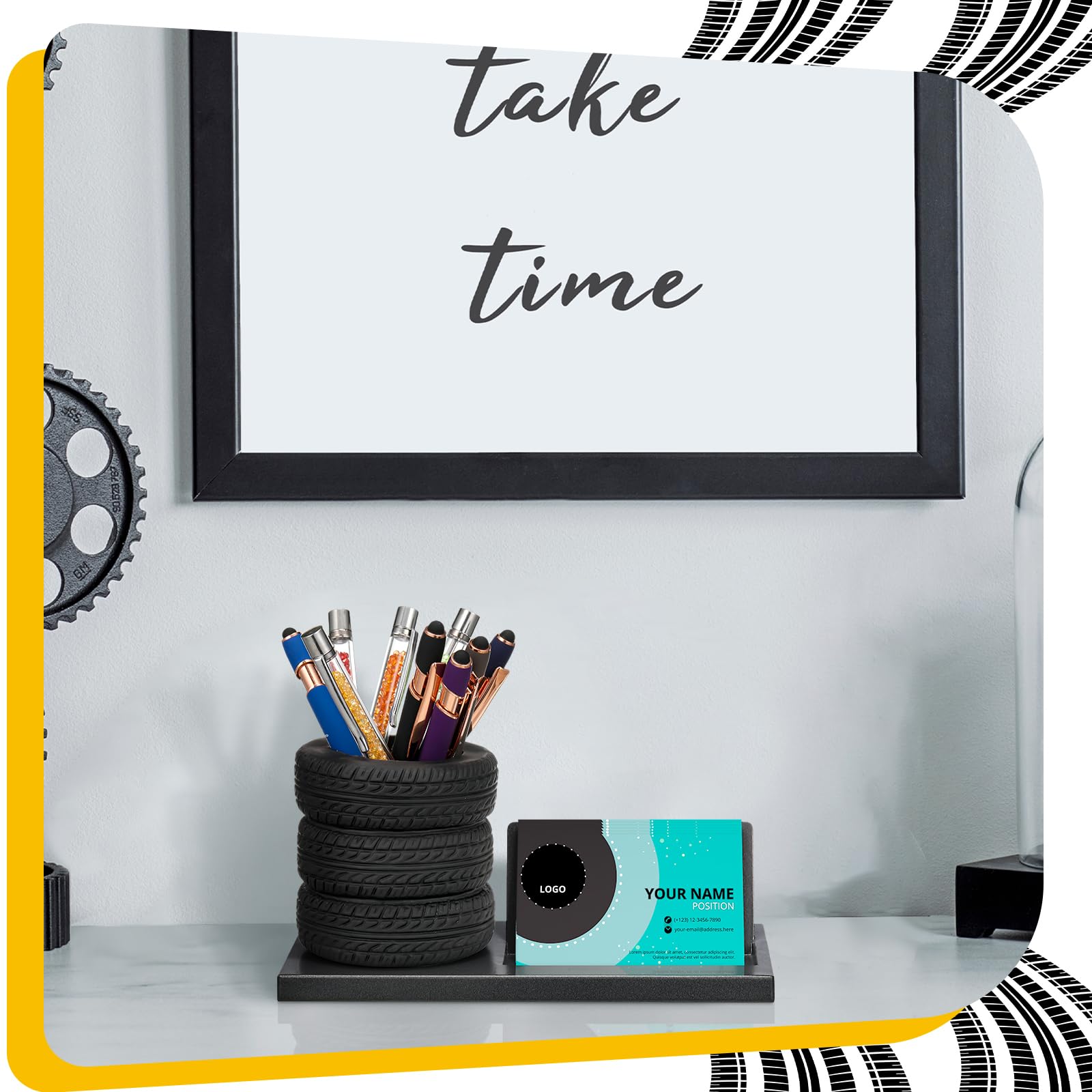 Eersida Tire Pencil Pen Holder Metal Card Holder Decor, Black, 7.5 Inch