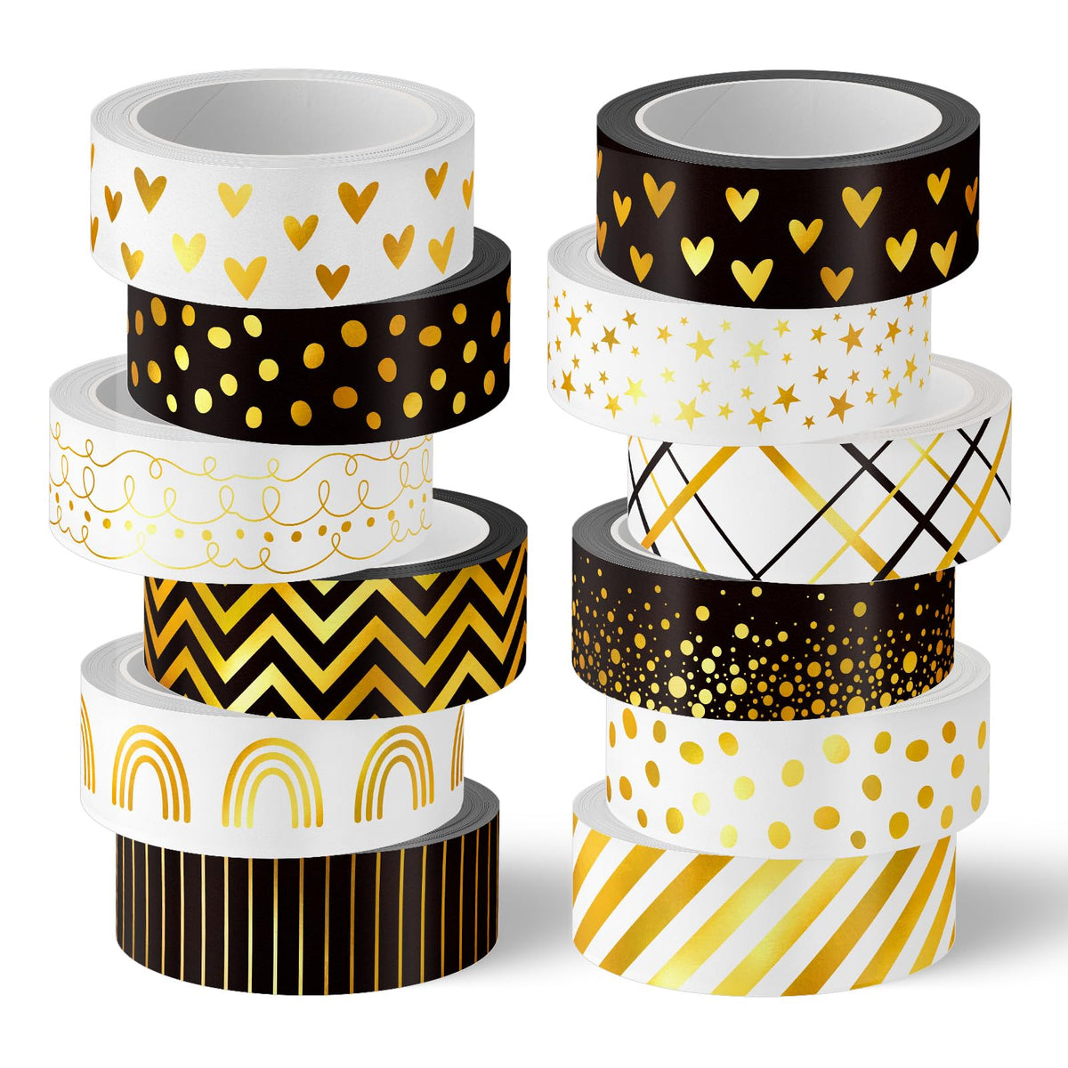 Whaline 12 Rolls Gold Foil Pattern Washi Tape Heart Dot Stripe Rainbow Masking Tape Set Decorative