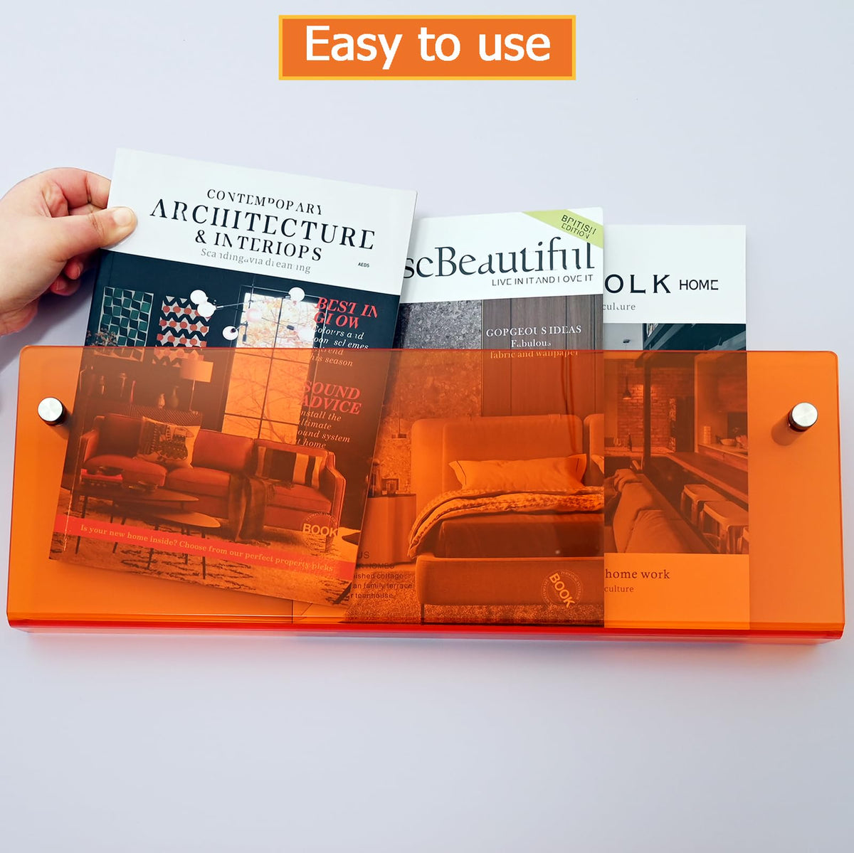 XOHYW 2 Pack Orange Acrylic Magazine Holder, Wall Mount Hanging Bookshelf Literature Storage Rack