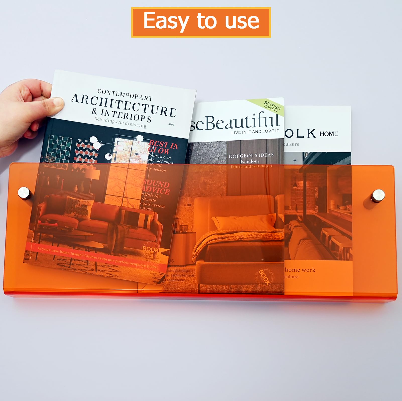 XOHYW 2 Pack Orange Acrylic Magazine Holder, Wall Mount Hanging Bookshelf Literature Storage Rack