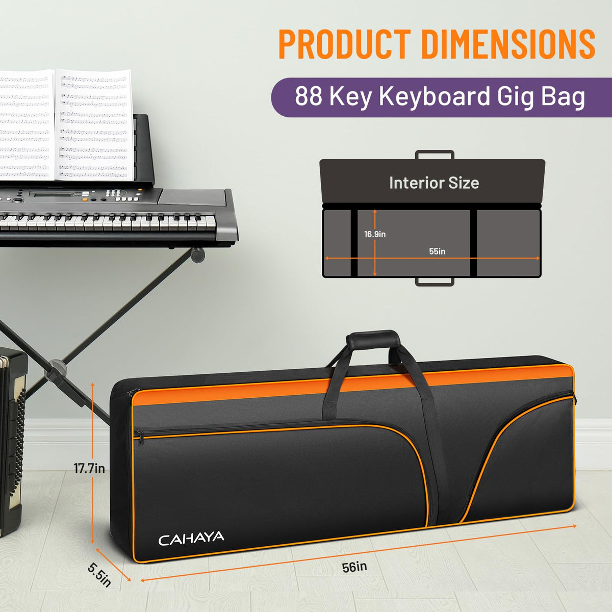 CAHAYA 88 Key Keyboard Case Electric Keyboard Piano Gig Bag 0.5inch Thick Padded Case with Side