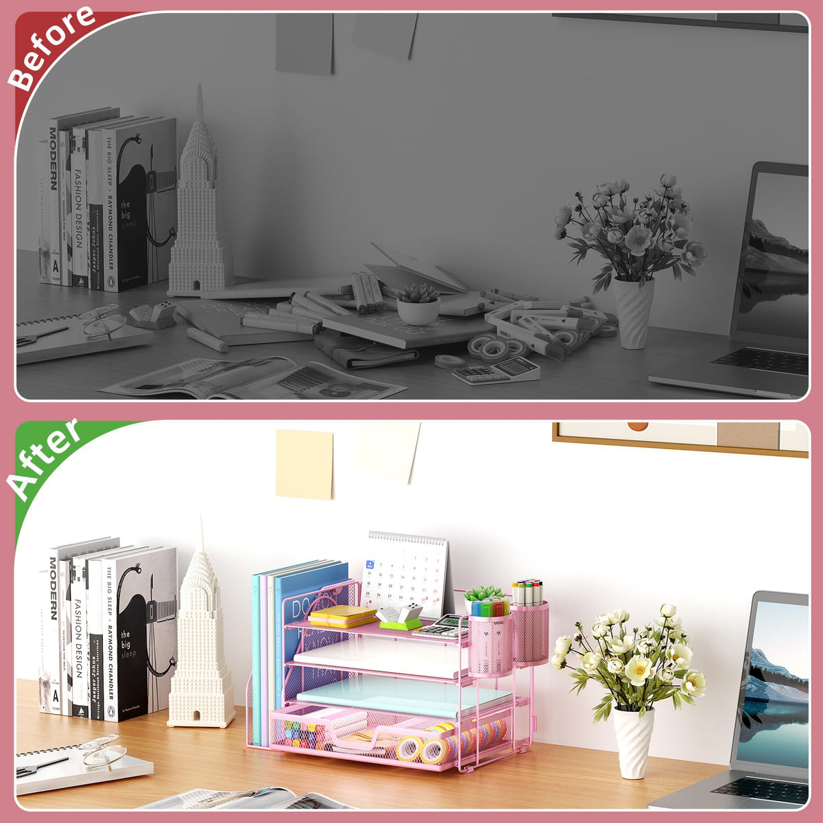 Marbrasse 4-Tier Paper Tray Organizer with Drawer and Pen Holder, Pink