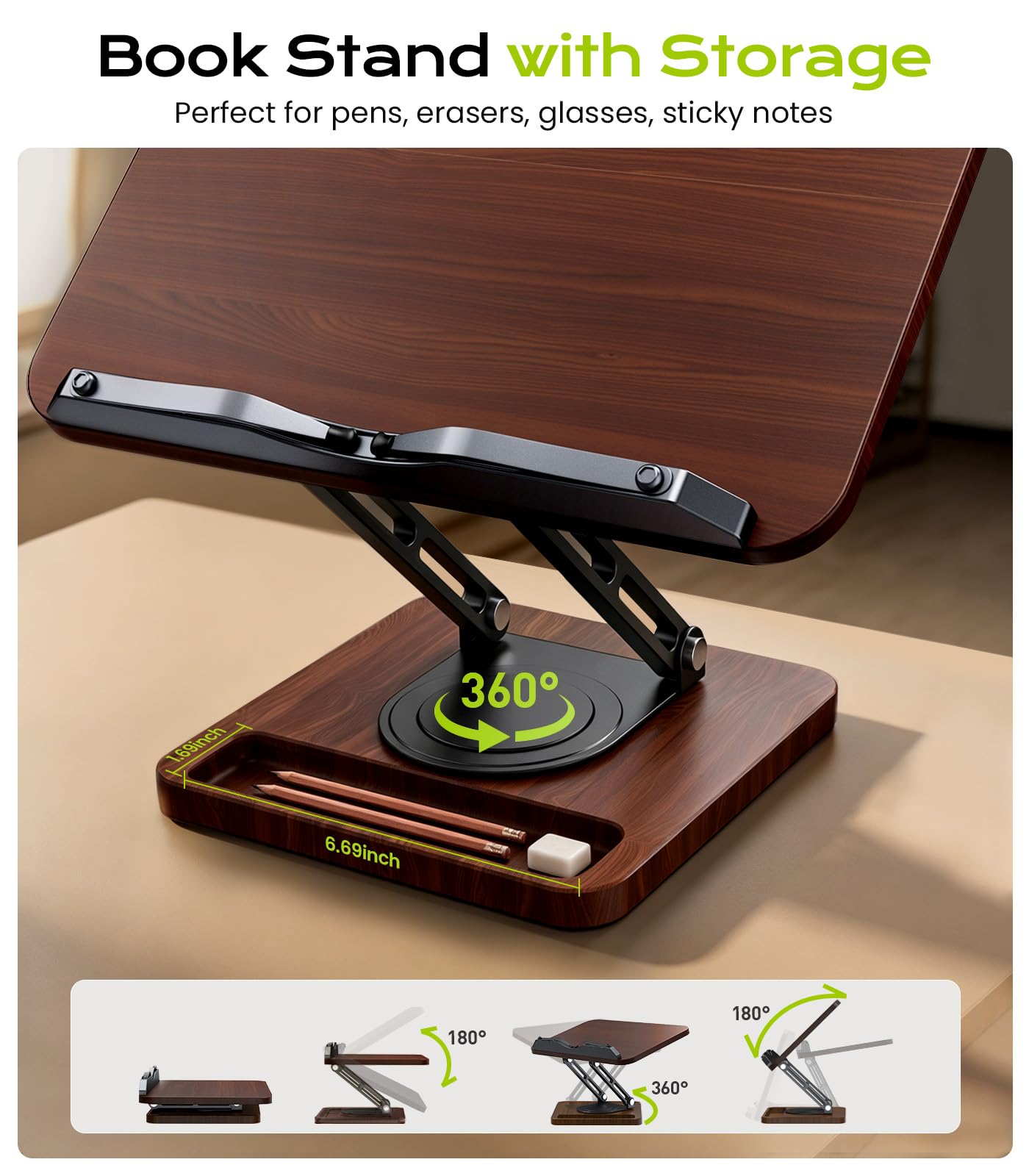 LOXP Book Stand with Storage, 360° Rotating Cookbook Stand, Ergonomic