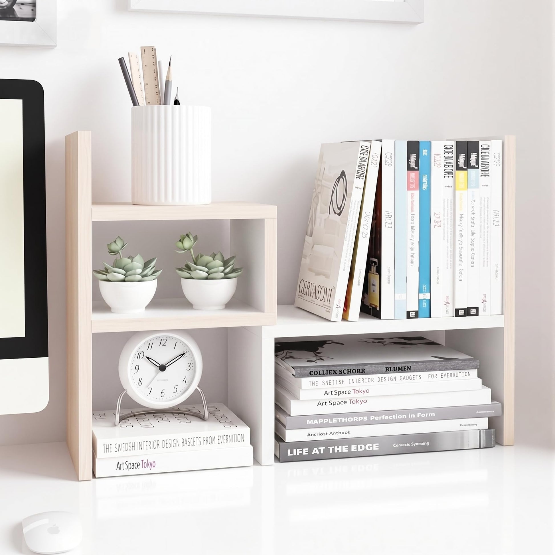 Jerry & Maggie Desktop Organizer Office Storage Rack Adjustable Wood Display Shelf, White, 5 Units