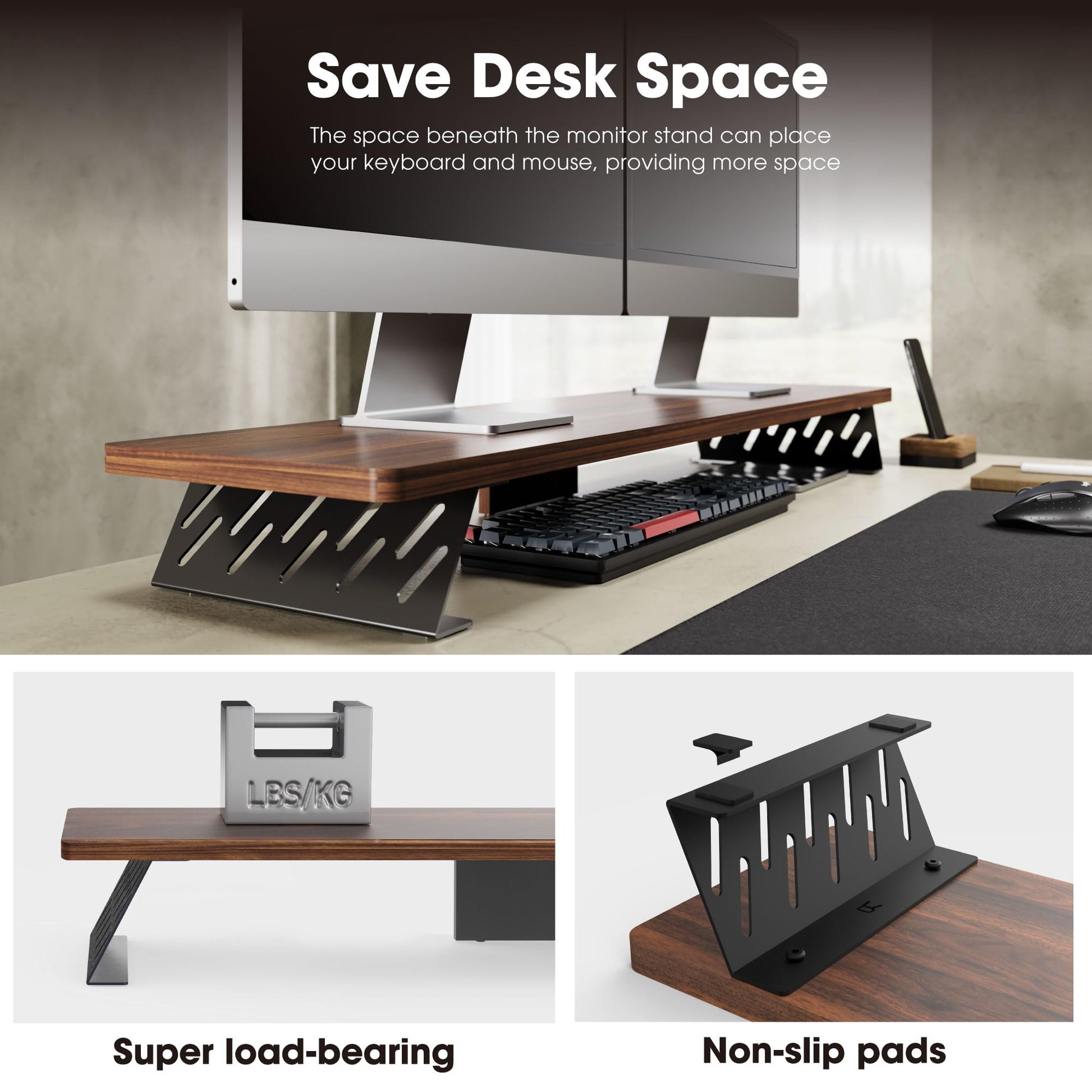 Fenge Monitor Stand Riser, Wooden & Metal Desk Shelf Organizer, Brown