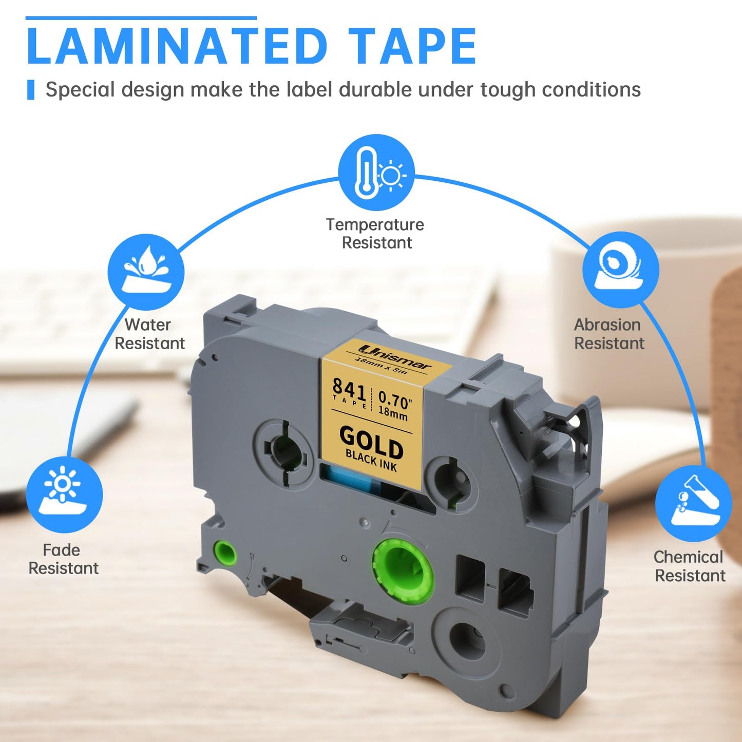 Compatible for Brother Ptouch TZe-841 18mm 0.7 Laminated Tape Black on Gold
