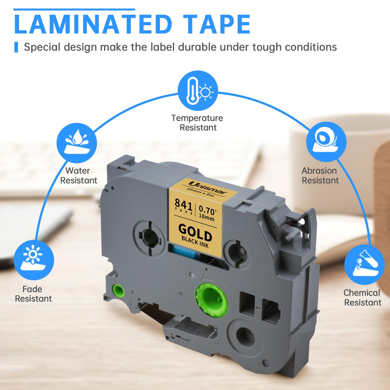 Compatible for Brother Ptouch TZe-841 18mm 0.7 Laminated Tape Black on Gold