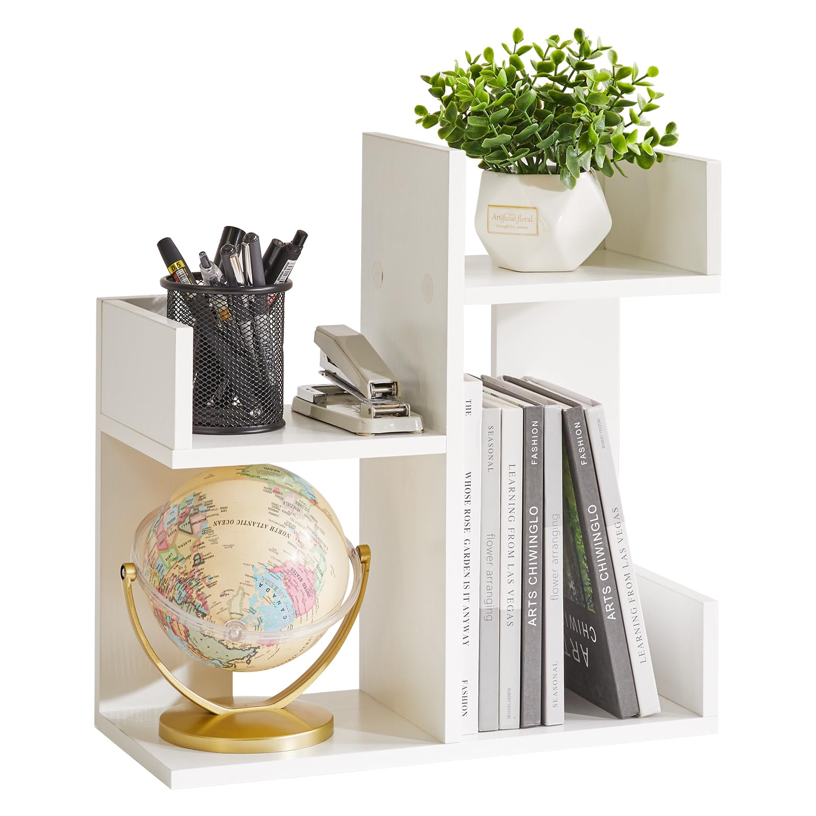 Aibiju Small White Desk Organizer, 2 Tier Tree Cactus Bookshelf, Desktop Organizer Wood, Small