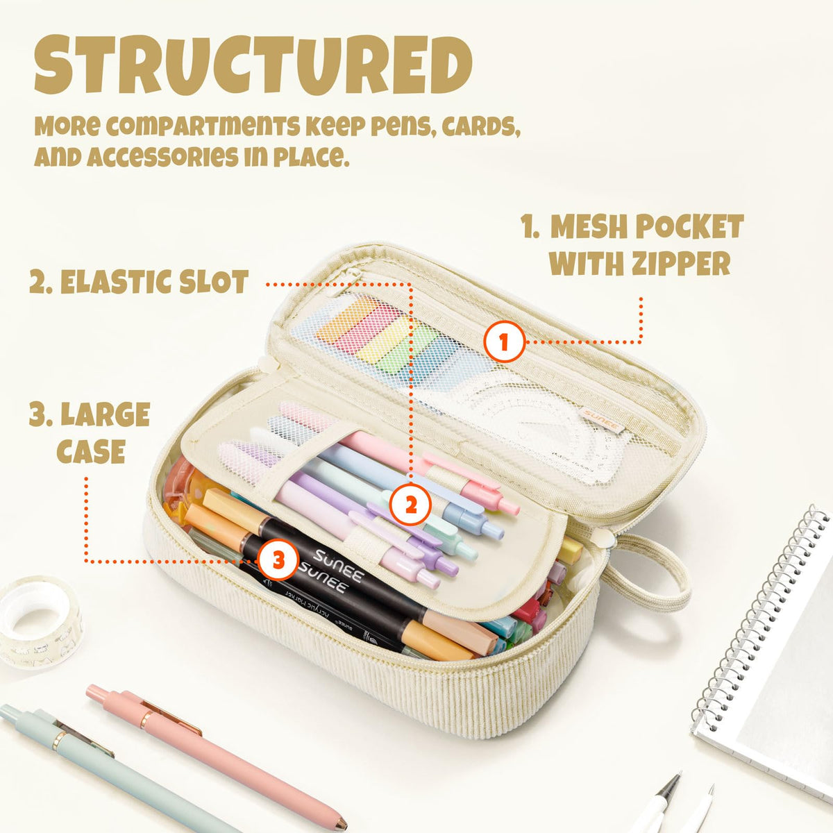 SUNEE Cute Pencil Case, Soft Corduroy Large Capacity Pencil Pouch, Aesthetic Zipper Pencil Bag, Big