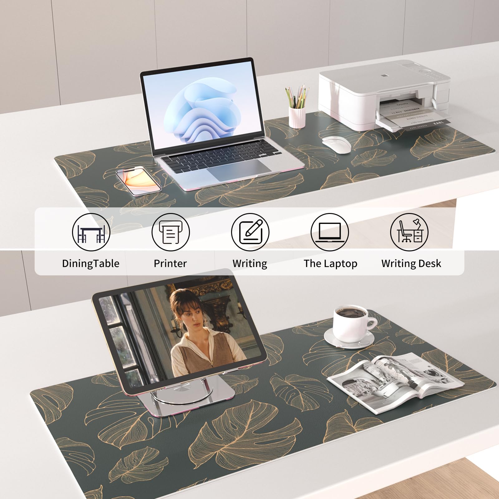Colorful Star Monstera Leaves PU Leather Desk Mat, 31.5" x 15.7"