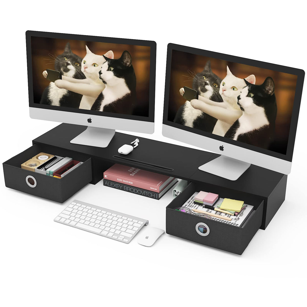 WESTREE Dual Monitor Stand Riser with Two Drawers, Extra Large Storage Monitor Stand for 2