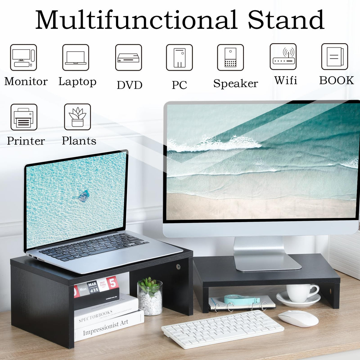 TEAMIX 2-Pack Monitor & Laptop Stand Riser,Wood High-Low Dual Monitor Setup