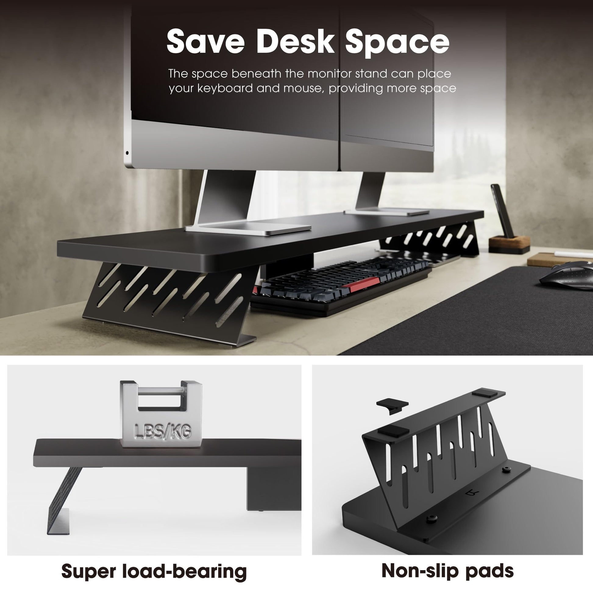 Fenge Monitor Stand Riser, Wooden & Metal Desk Shelf Organizer, Black