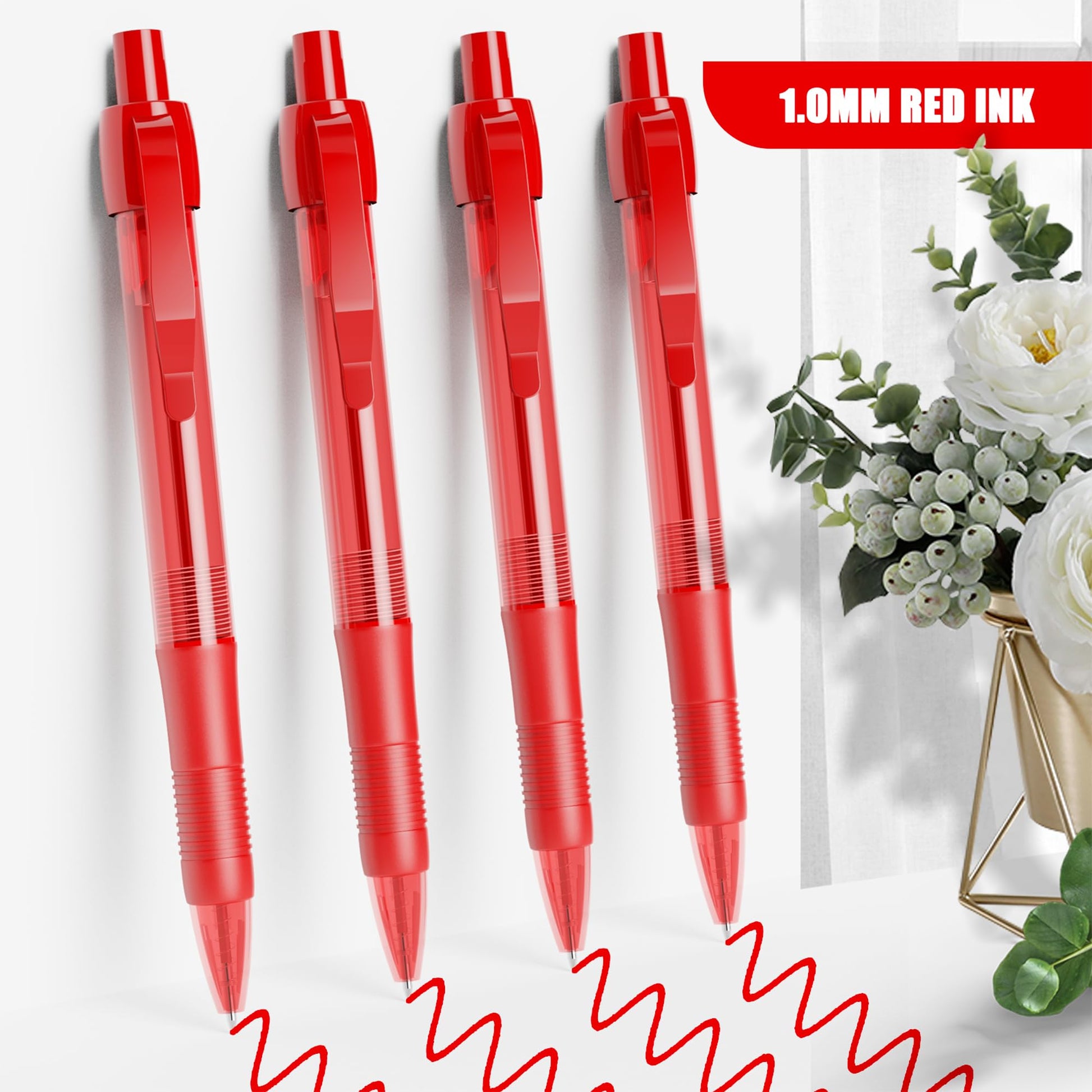 deegtran Pens Bulk, 50 Pack No Bleed Red Ink Click Pens with Soft Grip, Wholesale Retractable