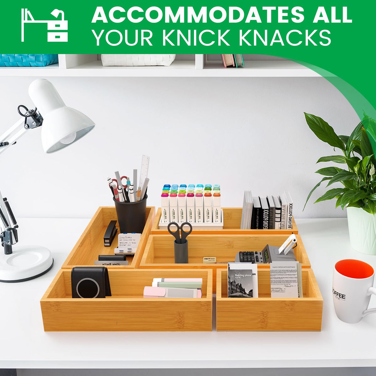Bayting Bamboo Drawer Organizer Set, 5-Piece Storage Trays for Kitchen, Bathroom, Office Desk