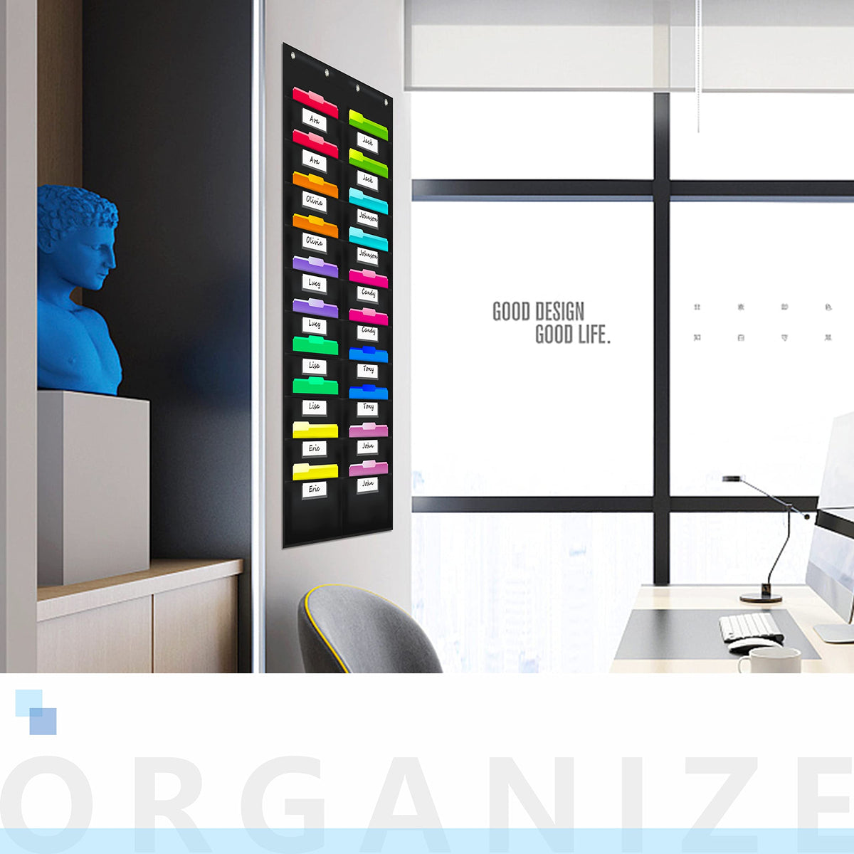 Vantasii Nylon Storage Pocket Chart with 20 Name Tag Pockets, Hanging Wall File Organizer, 4 Hooks