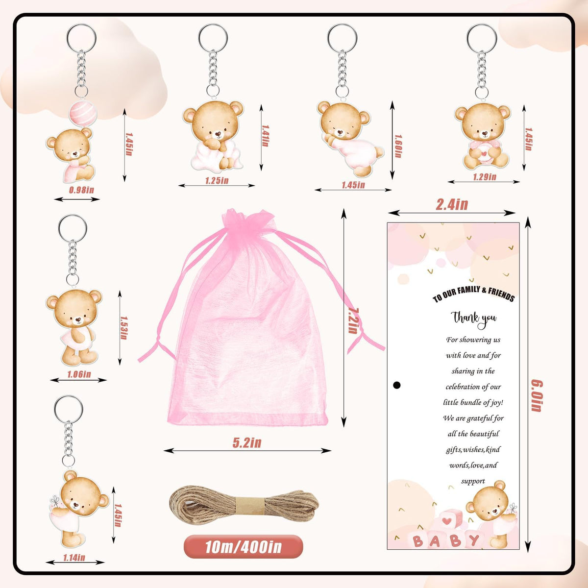 145 Pieces Baby Shower Favors for Guest Pink Bear Ballpoint Pens and Keychains Gifts for Baby Girls