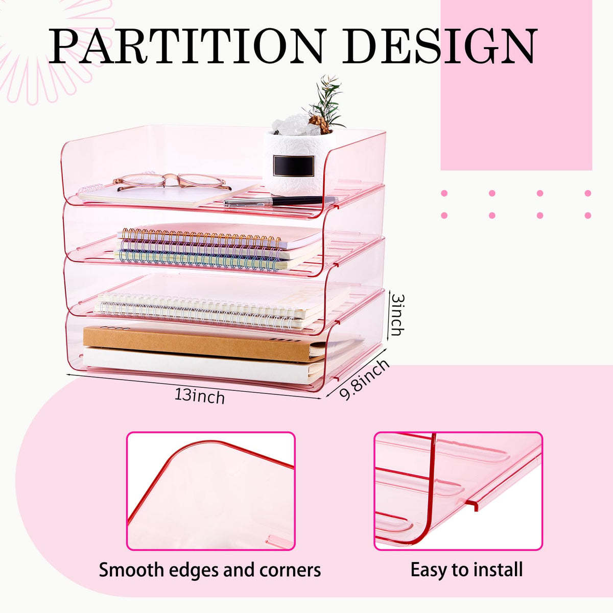 Harloon 4 Tier Paper Organizer Clear Pink Letter Tray Acrylic File Tray