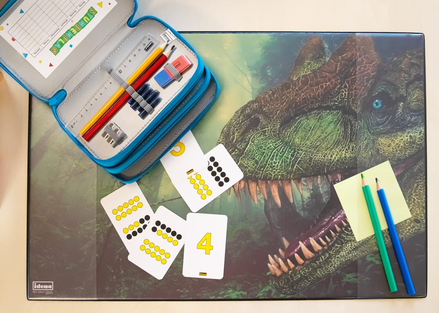 Idena 10452 Desk Mat with Two Pockets, Dinosaur, Approx. 58.5 x 38.5 cm, Practical Accessory for