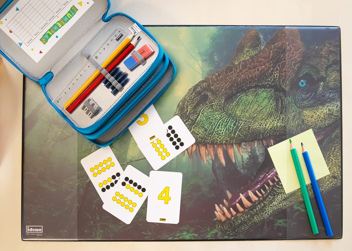 Idena 10452 Desk Mat with Two Pockets, Dinosaur, Approx. 58.5 x 38.5 cm, Practical Accessory for