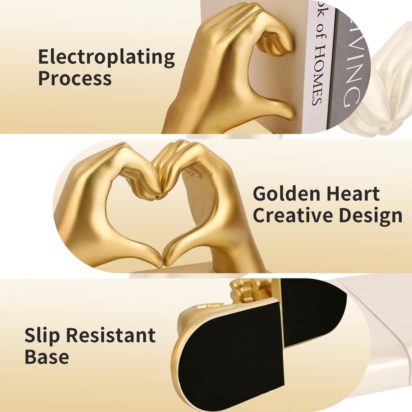 Gold Decorative Bookends for Shelves, Heart Hands Book Ends Sculpture Aesthetic Decor for Bedroom
