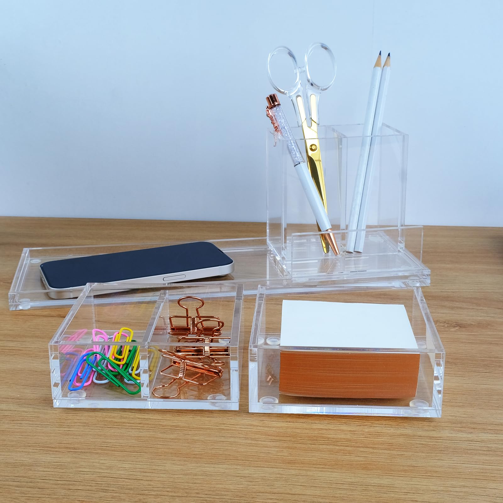 EXPUTRAN Clear Acrylic Desk Organizer 4-Piece Desk Kit + Free Complimentary Acrylic Ruler, Desktop