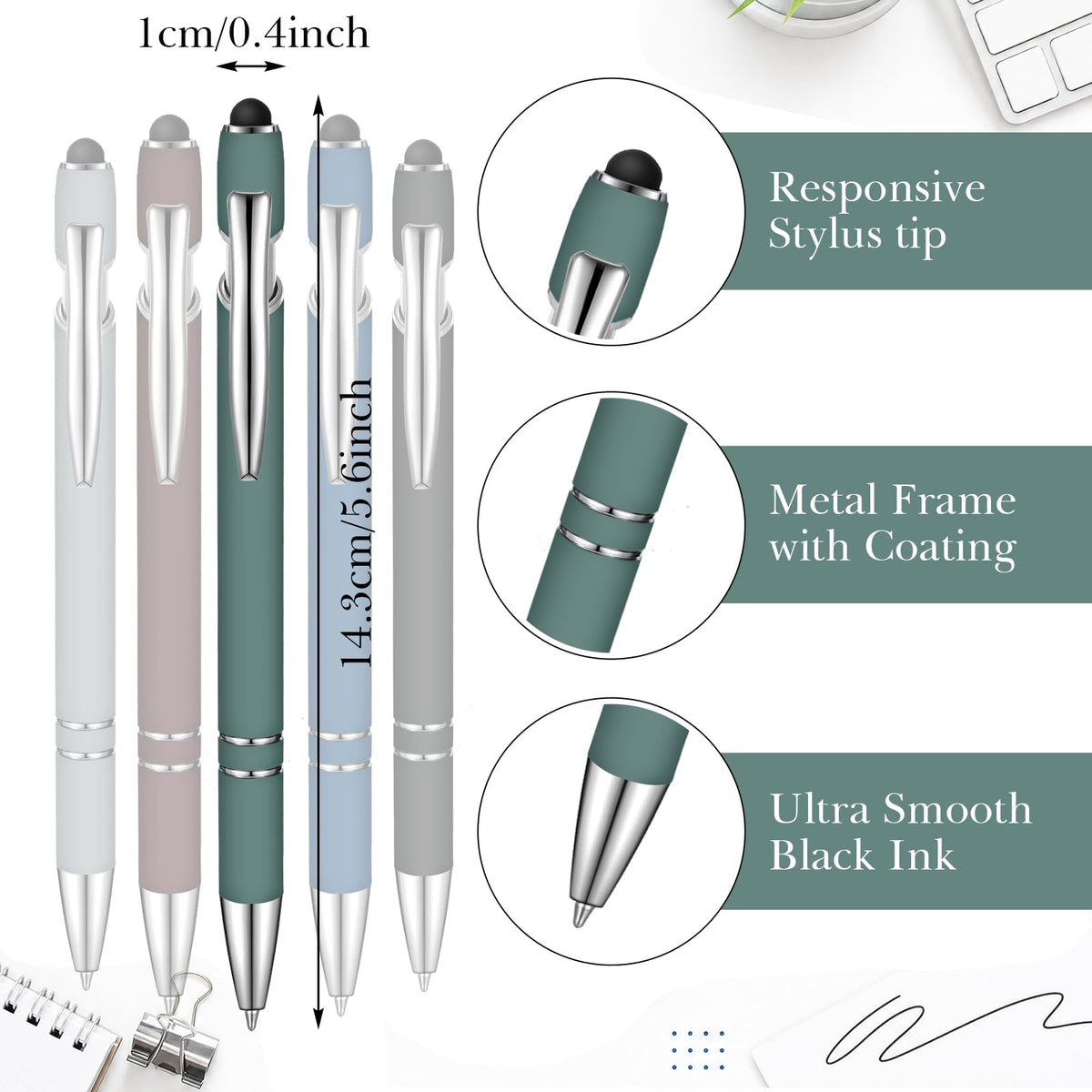 Zonon 38 Pcs Stylus Ballpoint Pens, Metal Rubberized Grip, Muted Colors