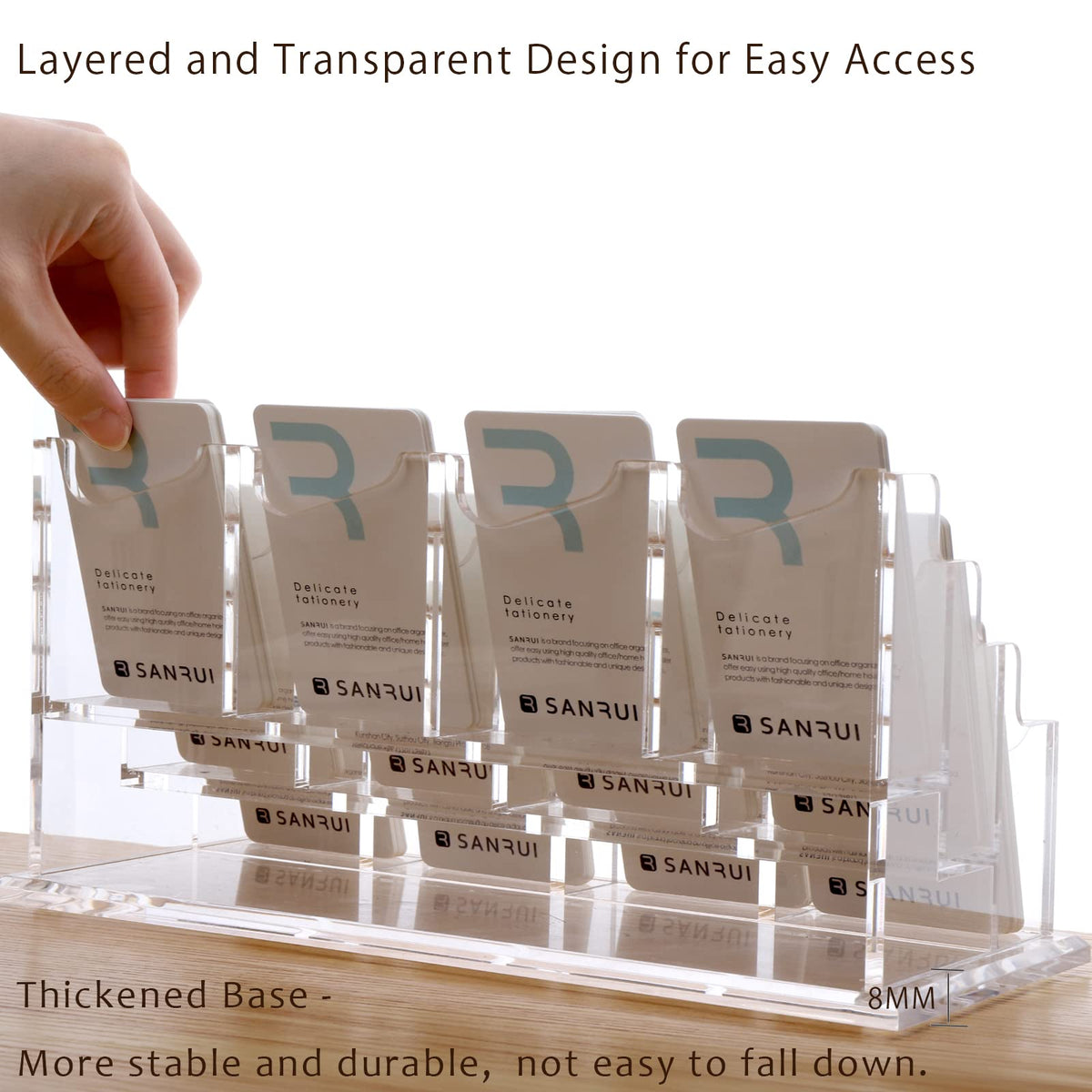 SANRUI Vertical Acrylic Business Card Holder for Desk, 3 Tier 12 Slot