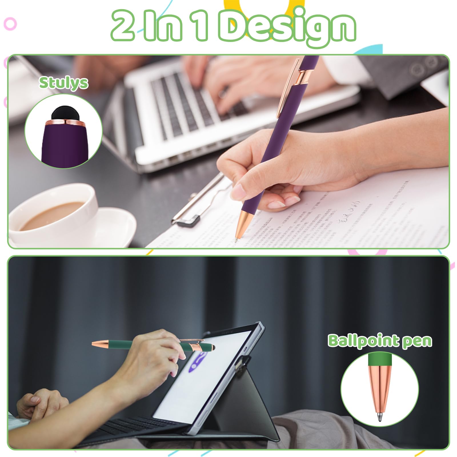Personalized Ballpoint Pen with Stylus Tip, Custom Name & Logo, 12 Colors