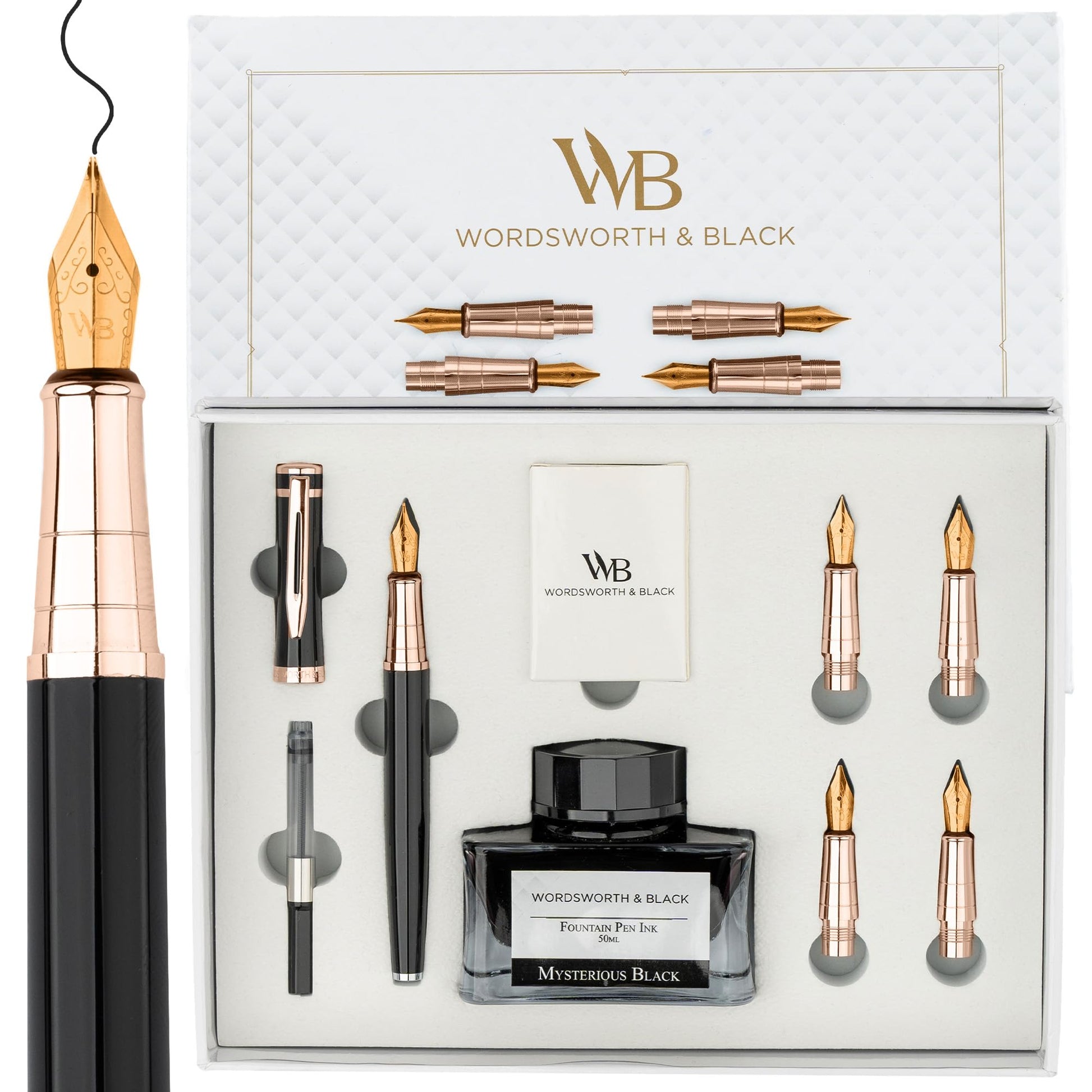 Wordsworth & Black Luxury Fountain Pen Set for Writing, 6 Nibs, Black Rose
