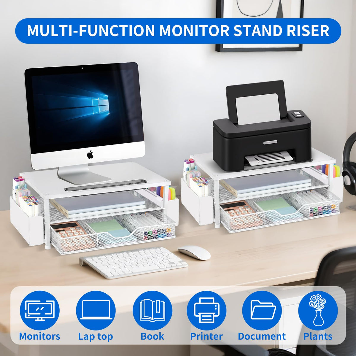 AUPSEN White Monitor Stand Riser, 2-Tier Wood Computer Desk Organizer with Drawer, Pen Storage &