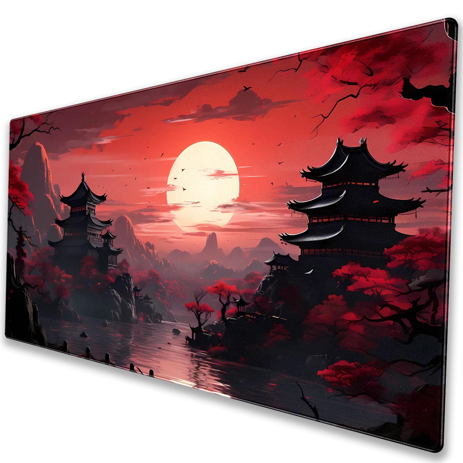 Japanese Pagoda Desk Mat, Red Sunset Large Gaming Mouse Pad 31.5x15.7 in