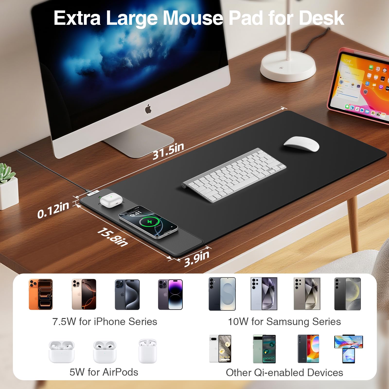 Magnetic Wireless Charging Mouse Pad, 31.5"x15.8" in, Black