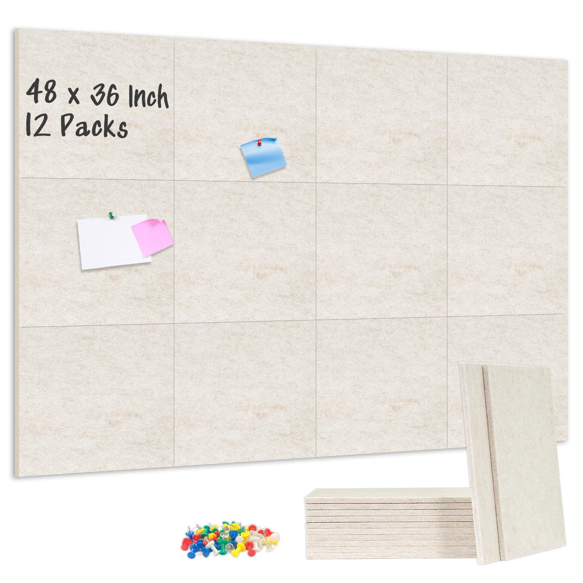 DOLLAR BOSS Felt Cork Board Tiles 48" x 36" Bulletin Board, 12 Pcs Beige