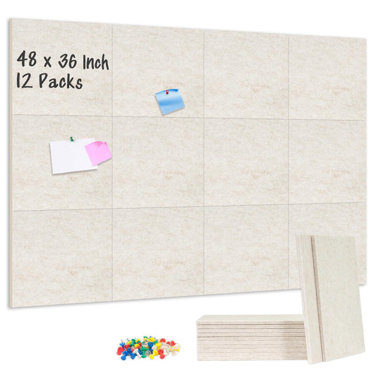 DOLLAR BOSS Felt Cork Board Tiles 48" x 36" Bulletin Board, 12 Pcs Beige
