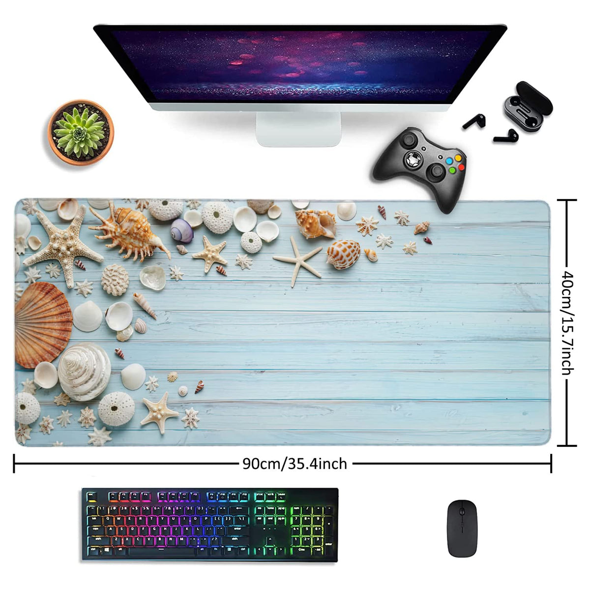 Shells on Blue Wood Large Mouse Pad Extended Gaming Mouse Pad Waterproof Desk Mat with Stitched