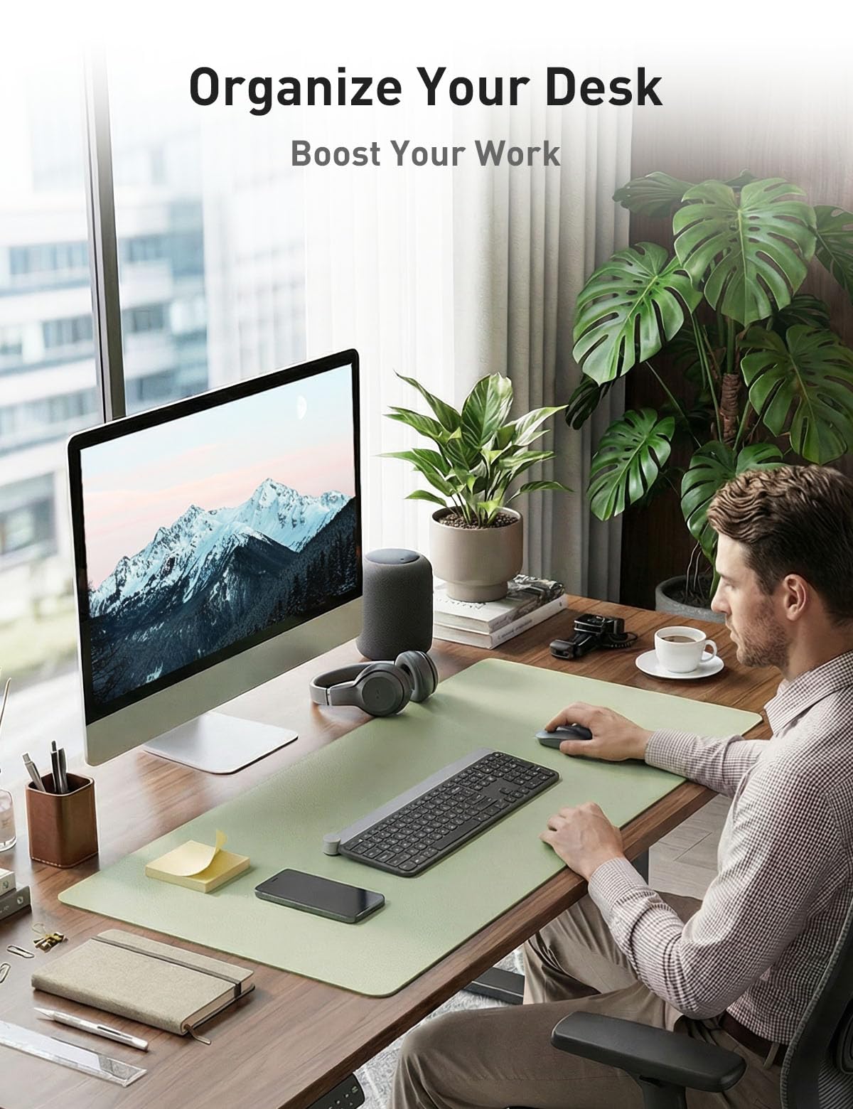 Aothia Faux Leather Desk Mat - Non-Slip PU Leather Desk Blotter, Waterproof Writing Surface, Large