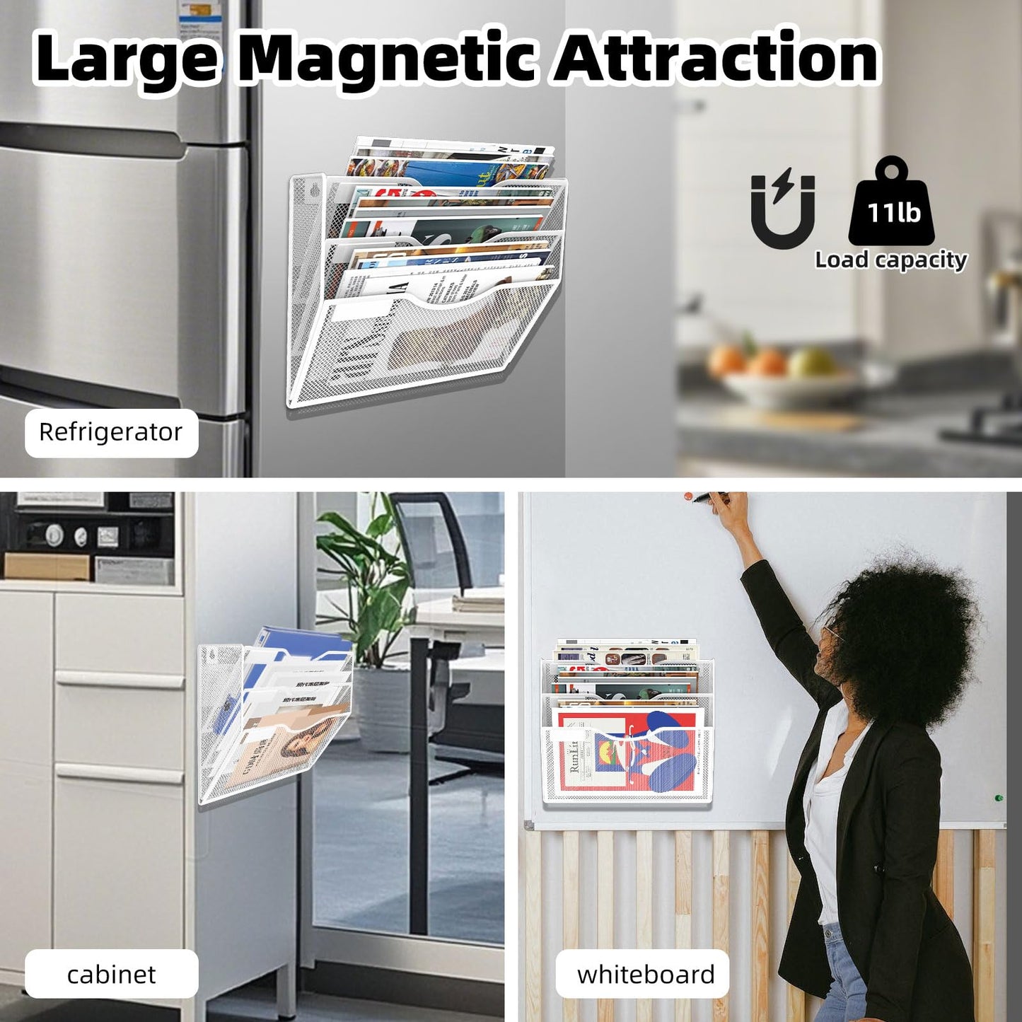 LQPAFZ 3-Tier Magnetic File Holder, No Drilling Installation File Cabinet Organizer, White Magnetic