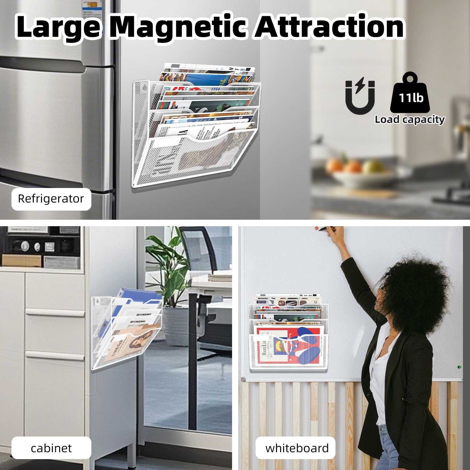 LQPAFZ 3-Tier Magnetic File Holder, No Drilling Installation File Cabinet Organizer, White Magnetic