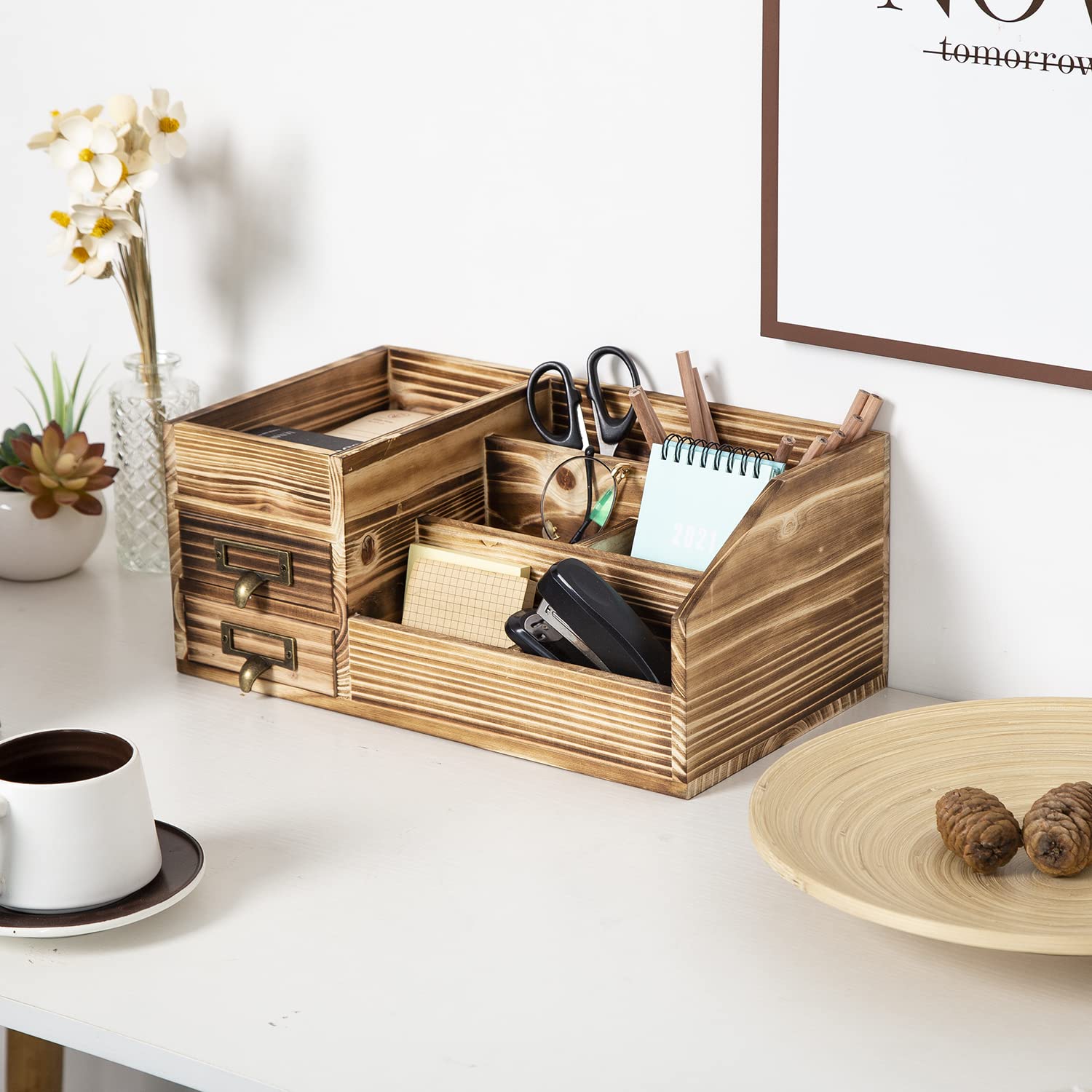 Distressed Rustic Wooden Office Desktop Drawers Organizer Wood Shelf Tabletop Home Organizer