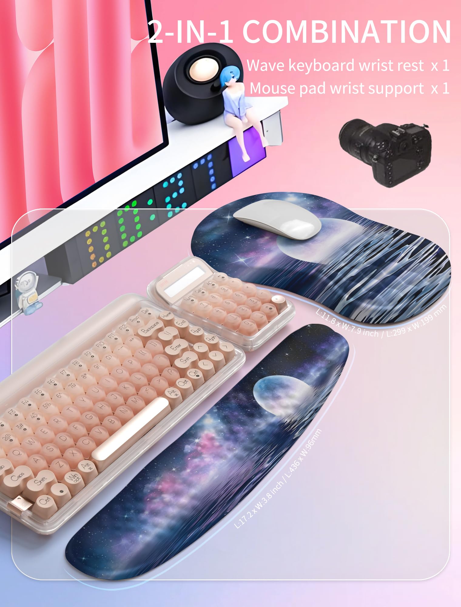 Hokafenle 2in1 Combination, Wave Keyboard Wrist Rest and Ergonomic Curvature Mouse Pad Wrist