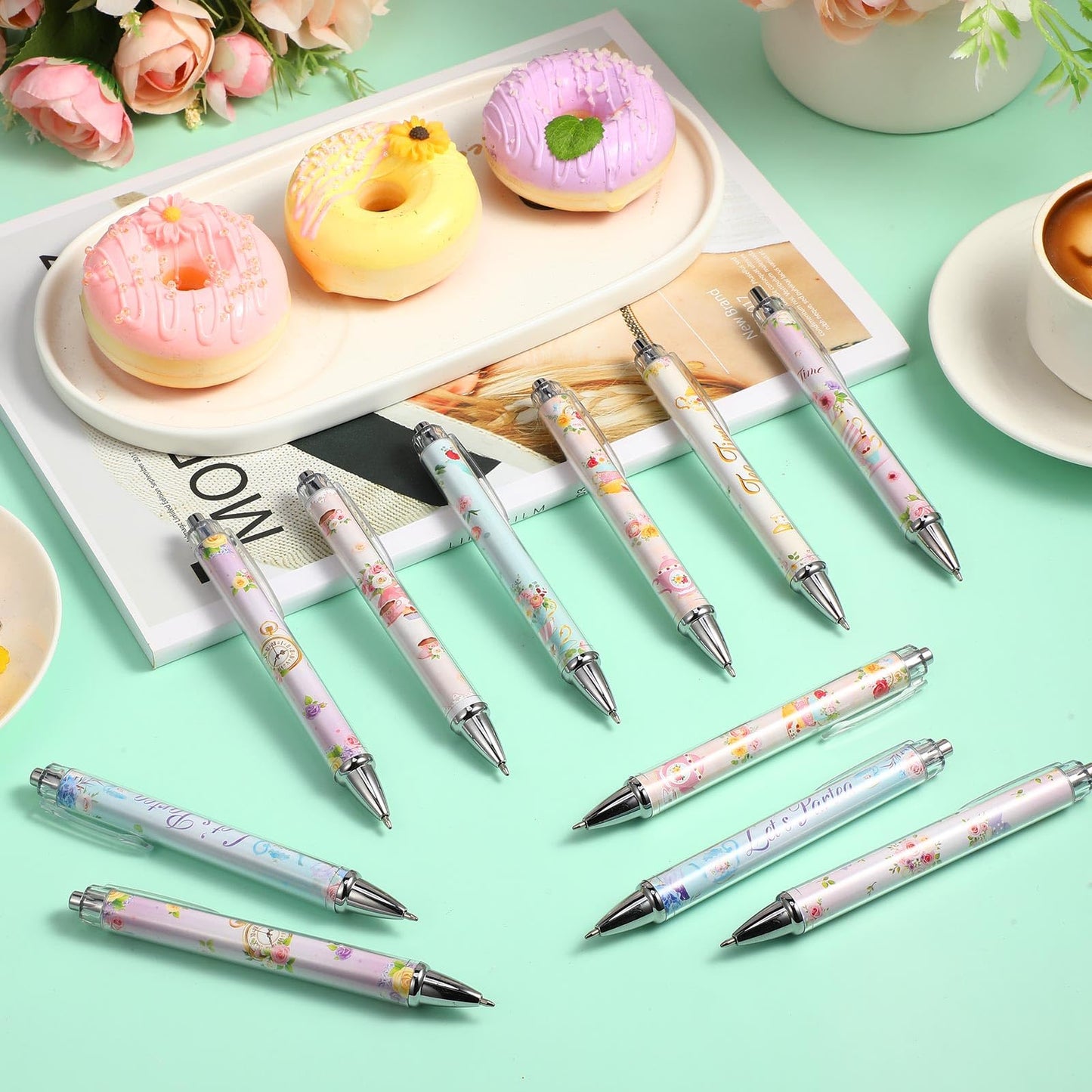 Cholemy 48 Pcs Floral Tea Party Favors Tea Party Ink Pens Vintage Teapot Pens Bulk Fancy