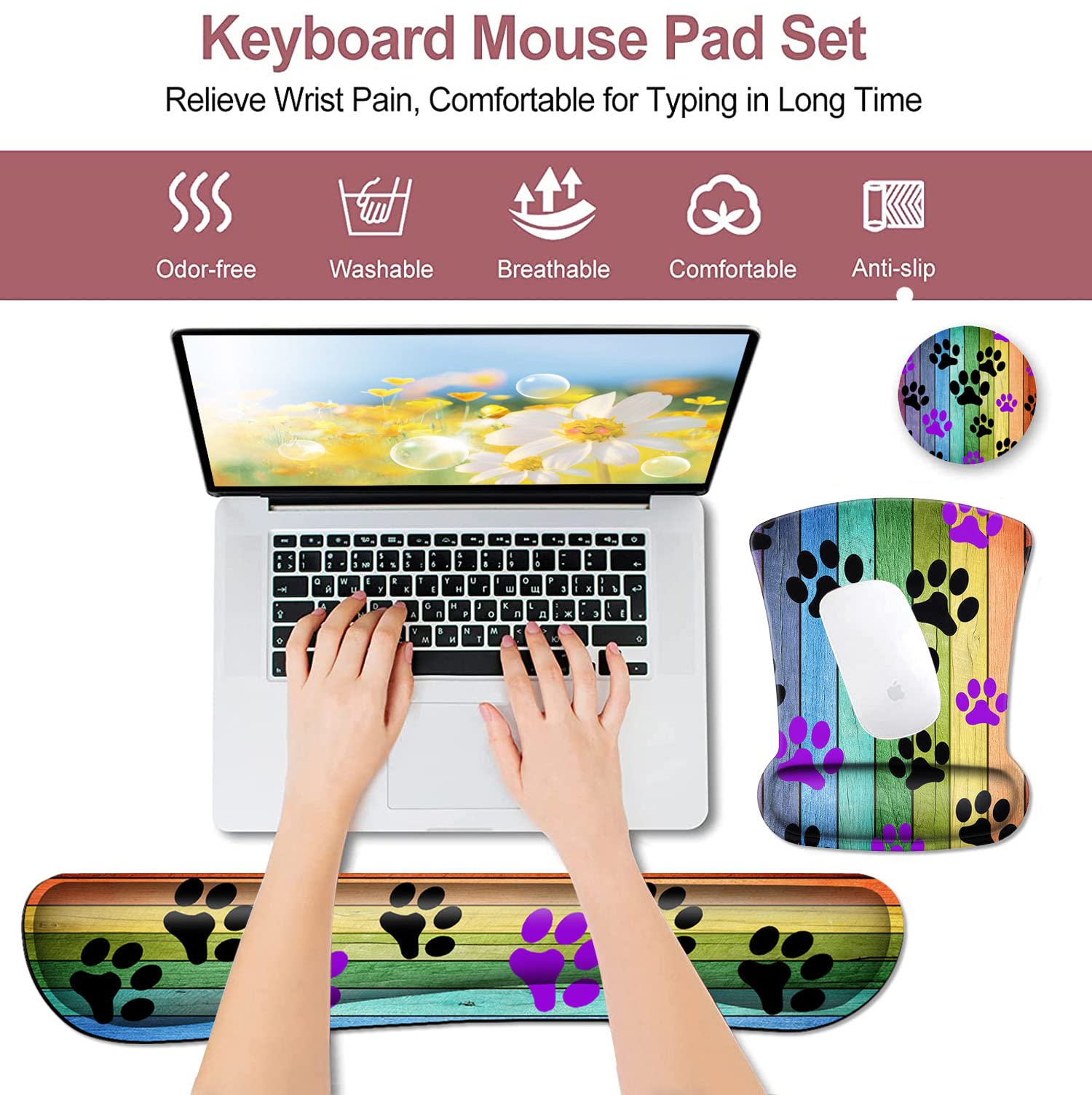 Mouse Pad with Wrist Support Memory Foam Keyboard Wrist Rest Rustic Rainbow Woodgrain Black and