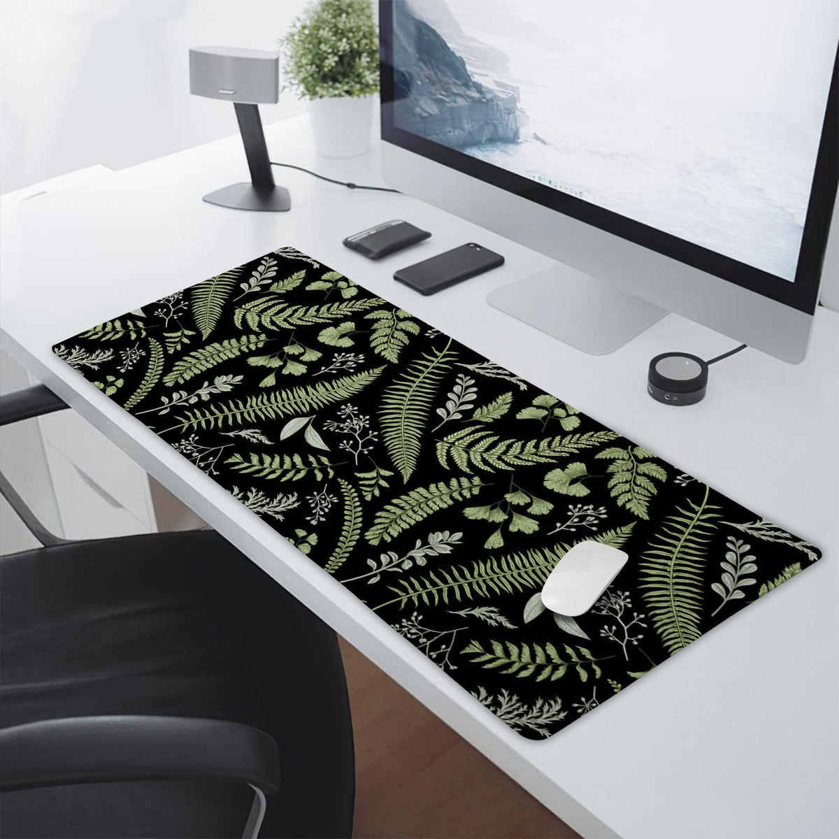 Black Green Plant Flowers Mouse Pad XXL Tropical Fern Botanical Leaves Extended Desk Mat 90X40cm