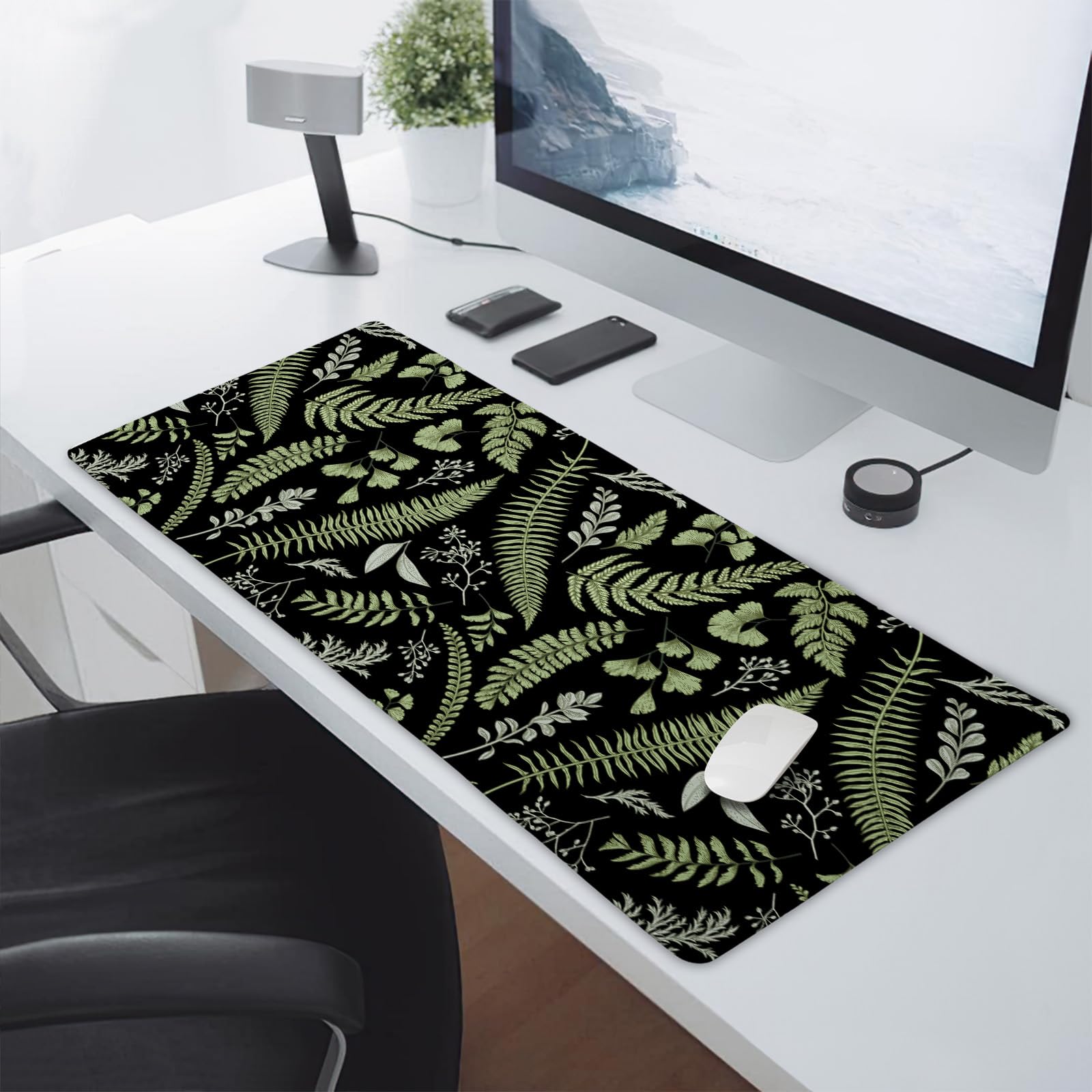 Black Green Plant Flowers Mouse Pad XXL Tropical Fern Botanical Leaves Extended Desk Mat 90X40cm