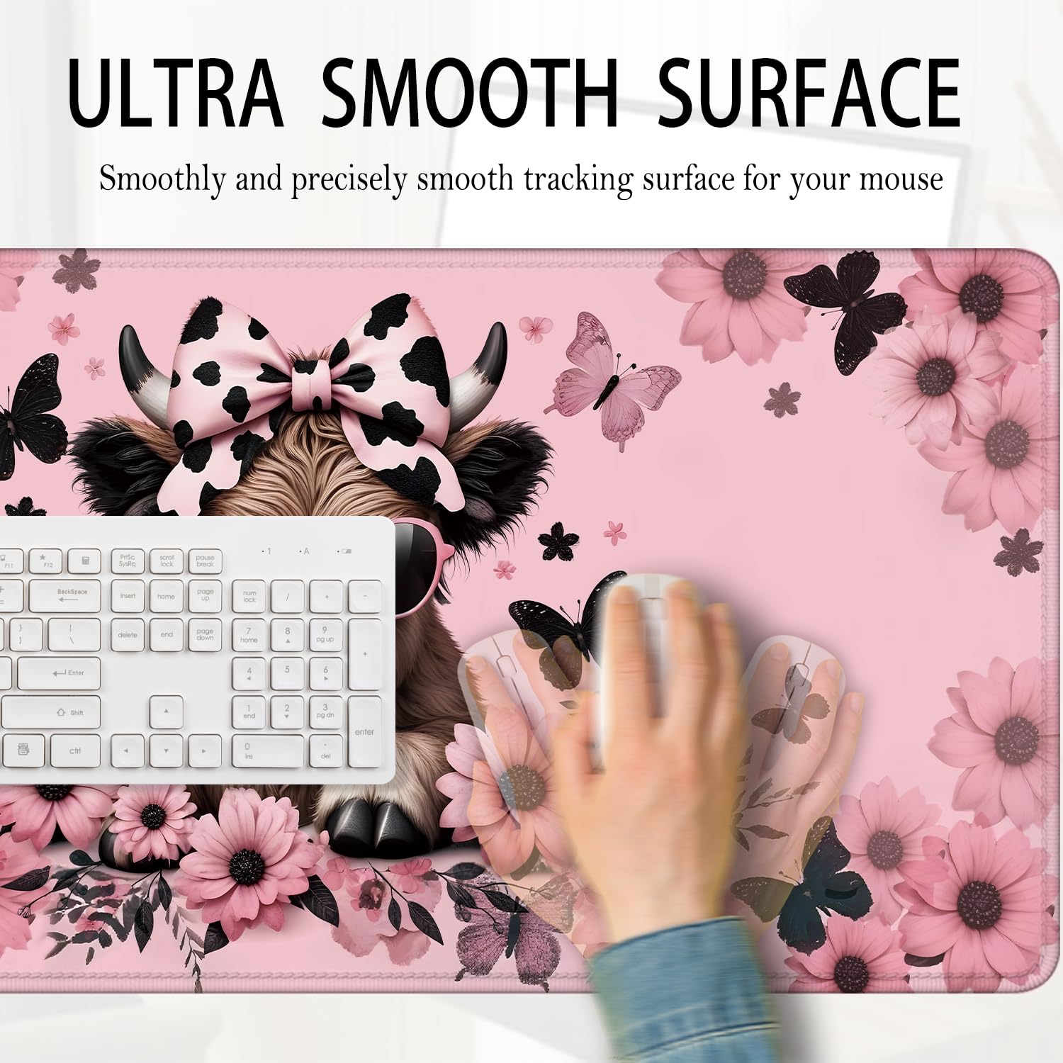 Foritho Funny Pink Floral Highland Cow Mouse Pad 31.5x15.7inch, Cute Heifer Cow Print Mouse Pads